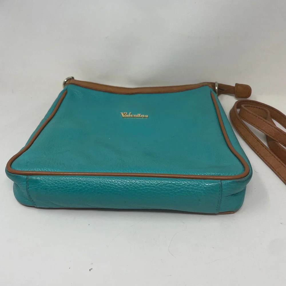 Valentina Italy Teal Blue Pebbled Leather Crossbody Bag Brown Trim Messenger